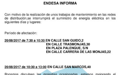 ENDESA INFORMA DE CORTE DE SUMINISTRO ELÉCTRICO EN VARIOS LUGARES PARA EL DÍA 20 DE AGOSTO DE 2017