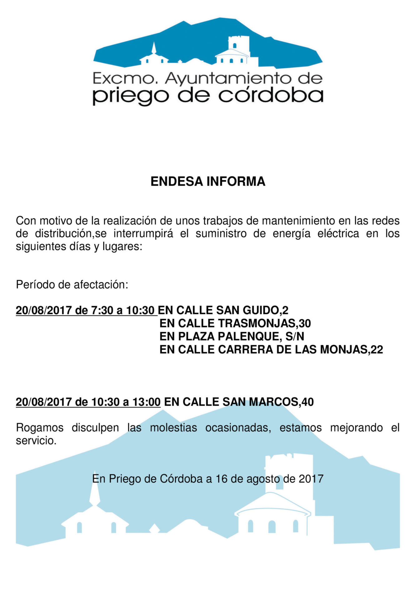 ENDESA INFORMA DE CORTE DE SUMINISTRO ELÉCTRICO EN VARIOS LUGARES PARA EL DÍA 20 DE AGOSTO DE 2017 1
