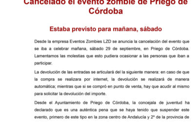 CANCELADO EL EVENTO ZOMBIE DE PRIEGO DE CÓRDOBA