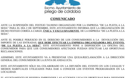 COMUNICADO ANTE LA SUSPENSIÓN DEL FESTEJO TAURINO DEL DÍA 2 DE SEPTIEMBRE