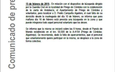 COMUNICADO DE LA GUARDIA CIVIL SOBRE COLABORACIÓN EN LA BÚSQUEDA DE D. PEDRO CAMPAÑA AGUILERA