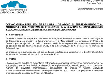 Convocatoria Para 2020 De La Línea 1 De Apoyo Al Emprendimiento Y Al Autoempleo Del Programa De Incentivos Para El Apoyo Al Emprendimiento Y La Consolidación De Empresas En Priego De Córdoba