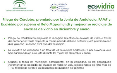 PRIEGO DE CÓRDOBA, PREMIADO POR LA JUNTA DE ANDALUCÍA, FAMP Y ECOVIDRIO POR SUPERAR EL RETO MAPAMUNDI Y MEJORAR SU RECICLAJE DE ENVASES DE VIDRIO EN DICIEMBRE Y ENERO