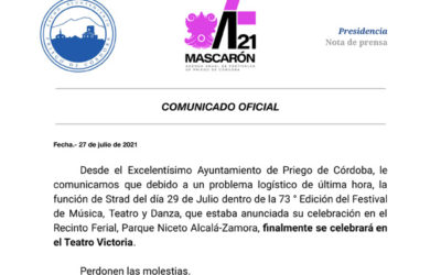 COMUNICADO OFICIAL RELATIVO AL CAMBIO DE UBICACIÓN DEL CONCIERTO DE STRAD PREVISTO PARA EL ESTE JUEVES 29 DE JULIO