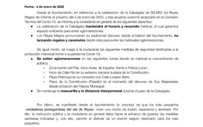 COMUNICADO EN REFERENCIA A LA CELEBRACIÓN DE CABALGATA DE REYES 2022