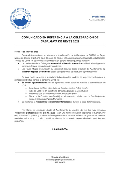 COMUNICADO EN REFERENCIA A LA CELEBRACIÓN DE CABALGATA DE REYES 2022 1