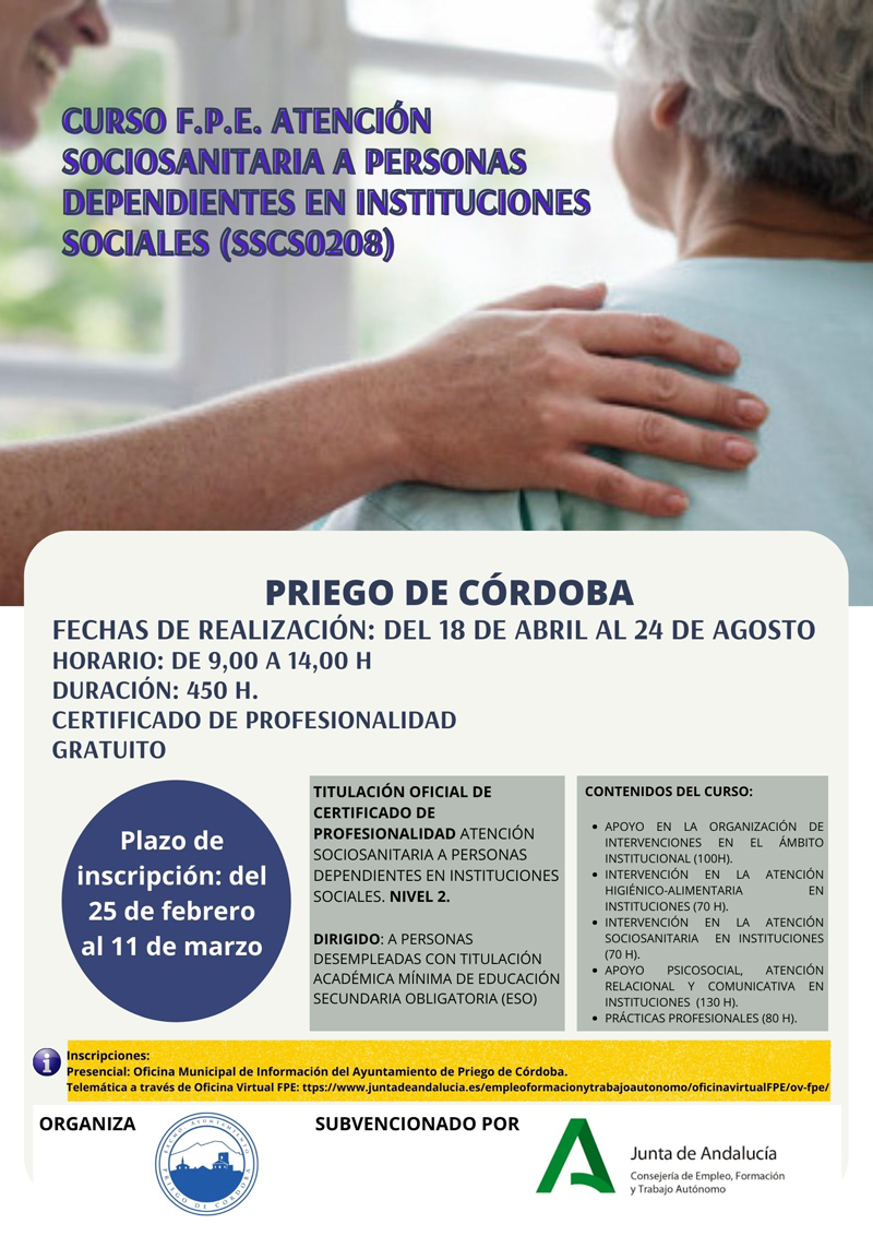 Curso F.P.E Atención Sociosanitaria A Personas Dependientes En Instituciones Sociales (SSCS0208) En Priego De Córdoba 1