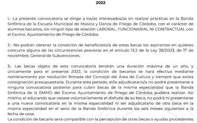 Convocatoria Para Cubrir Diversas Plazas De Becario De La Banda Sinfónica De La Escuela Municipal De Música Y Danza De Priego De Córdoba Para El Año 2022