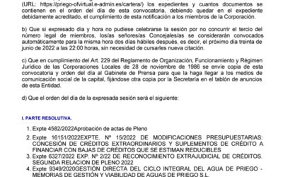 Orden del Día del Pleno Ordinario convocado para el 30 de junio de 2022, Síguelo en Directo