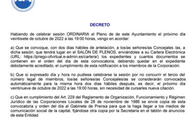 Orden del Día del Pleno Ordinario convocado para el 27 de octubre de 2022, Síguelo en Directo