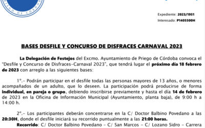 La Delegación de Festejos del Excmo. Ayuntamiento de Priego de Córdoba convoca el “Desfile y Concurso de Disfraces-Carnaval 2023”, que tendrá lugar el próximo día 18 febrero de 2023
