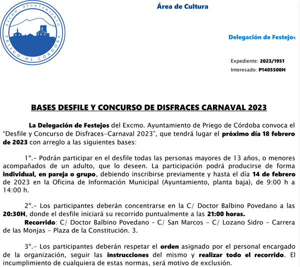 La Delegación de Festejos del Excmo. Ayuntamiento de Priego de Córdoba convoca el “Desfile y Concurso de Disfraces-Carnaval 2023”, que tendrá lugar el próximo día 18 febrero de 2023