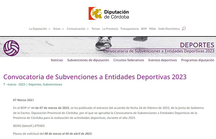 Publicada la convocatoria de Subvenciones a Entidades Deportivas 2023.