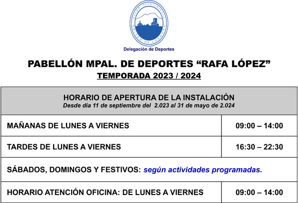 Horarios Pabellón Mpal. Rafa López, Otoño-Invierno 2023-2024