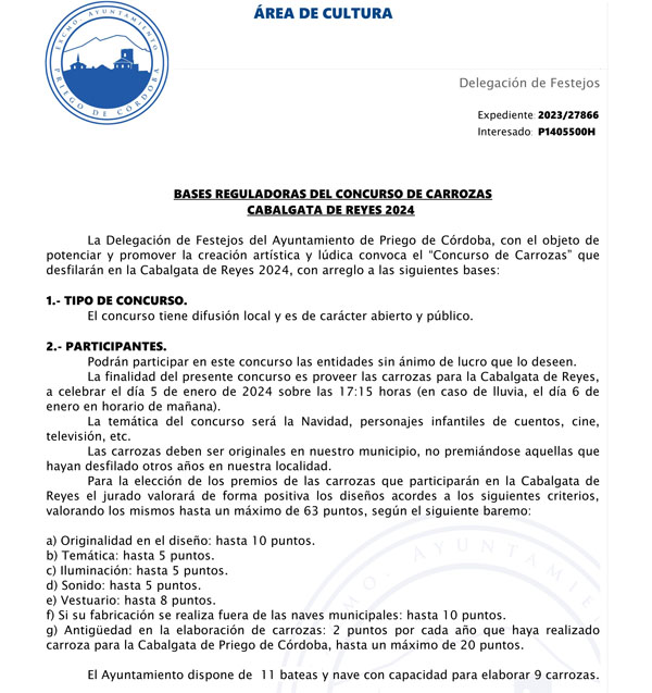 Agenda BASES REGULADORAS DEL CONCURSO DE CARROZAS CABALGATA DE REYES 2024-1