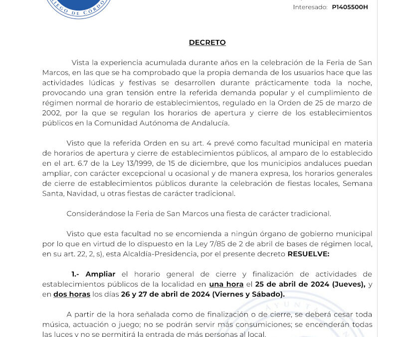 DECRETO AMPLIACION HORARIO ESTABLECIMIENTOS FERIA DE SAN MARCOS 2024