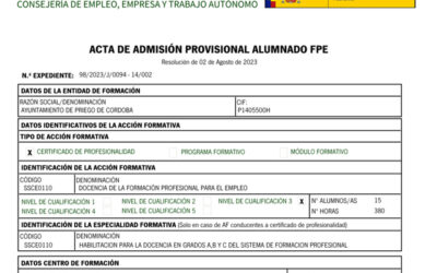 Curso Fpe Ssce0110- Docencia De La Formación Profesional Para El Empleo  Publicación Acta De  Admisión Provisional Alumnado Fpe. Plazo Alegaciones Del 12 Al 26 De Agosto 2024 (incluidos)