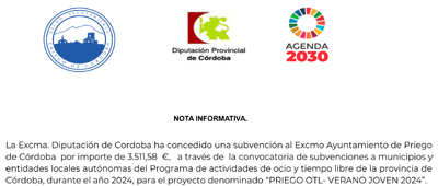 La Excma. Diputación de Cordoba ha concedido una subvención al Excmo Ayuntamiento de Priego de Córdoba para el proyecto denominado PRIEGO OTL- VERANO JOVEN 2024.